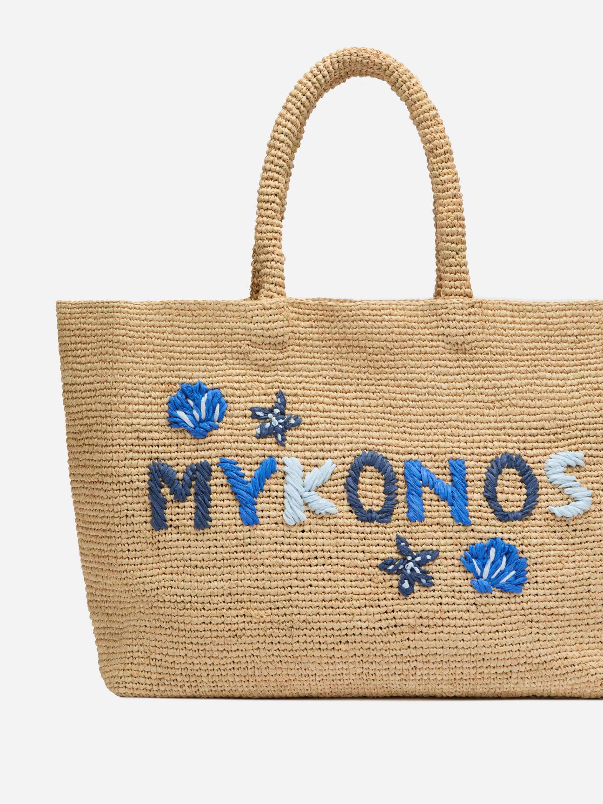 Beige Raffia Beach bag with cotton pouch and Mykonos embroidery - Image 3