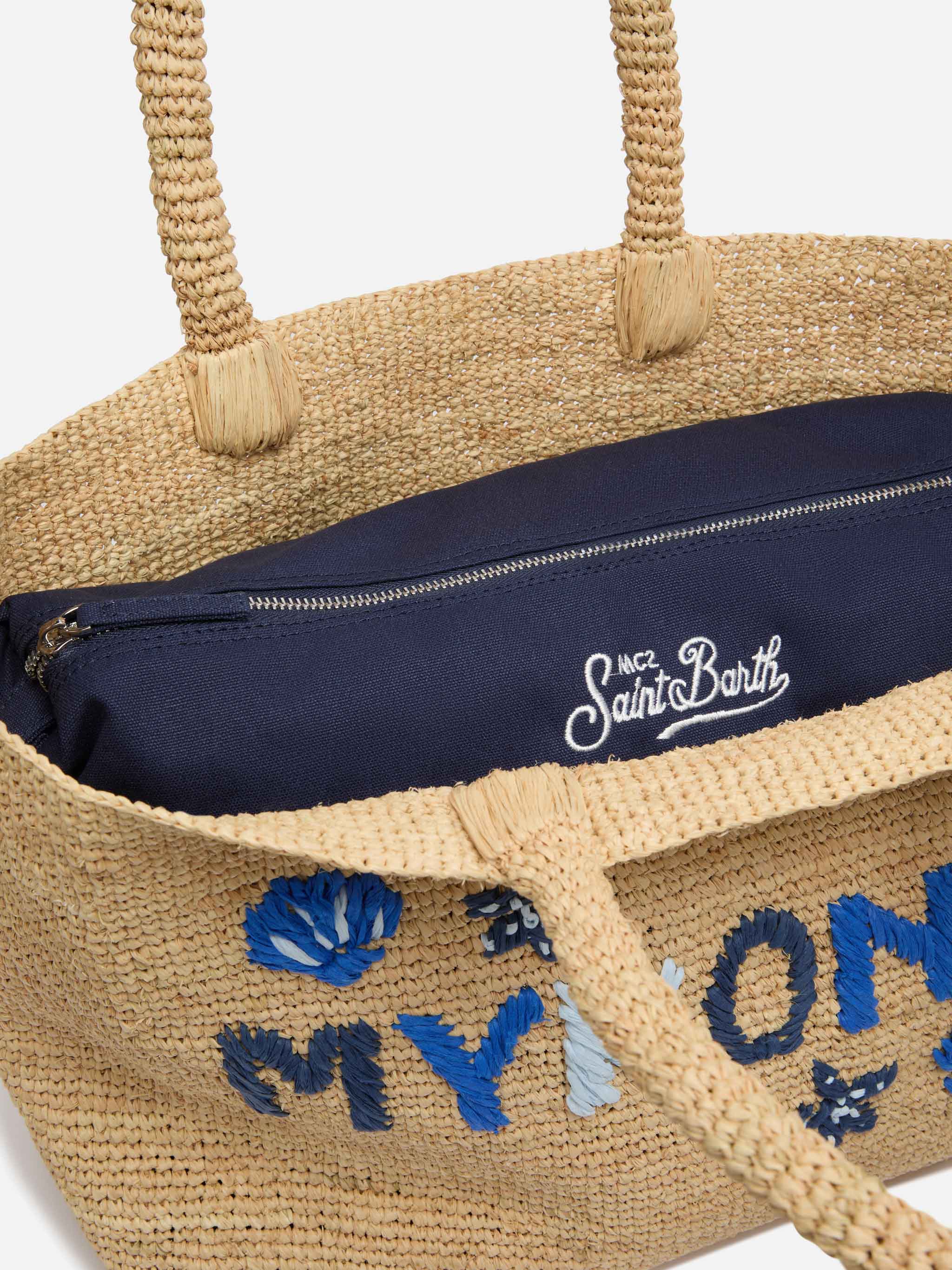 Beige Raffia Beach bag with cotton pouch and Mykonos embroidery - Image 6