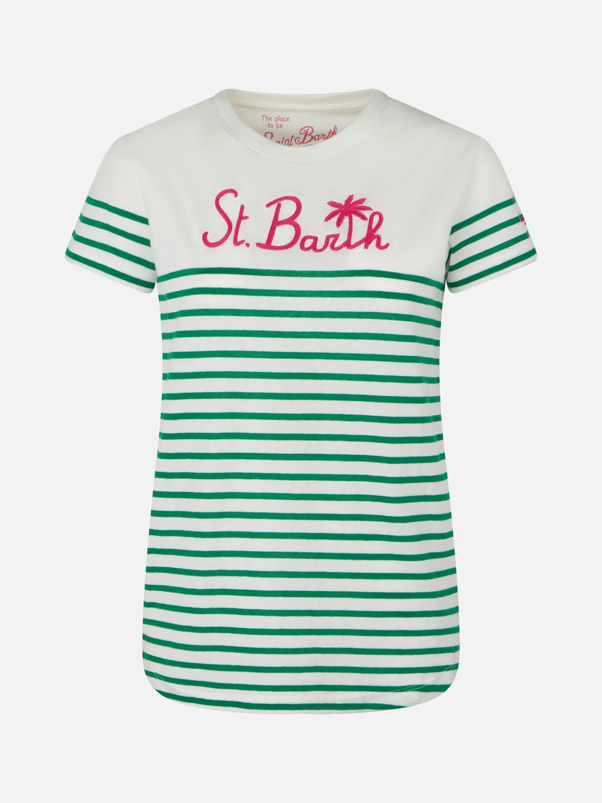 Green striped cotton t-shirt with St. Barth embroidery - Image 4