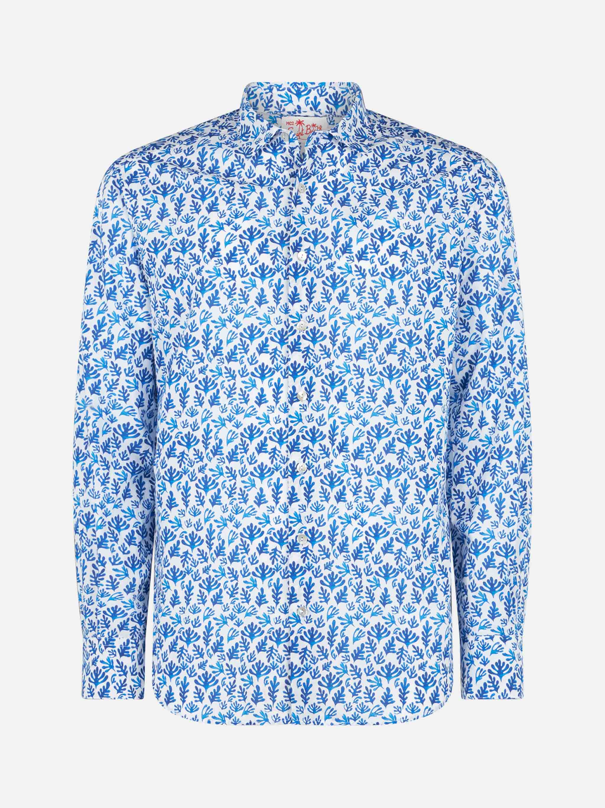 Man muslin cotton Sikelia shirt with blue leaves print - Image 4