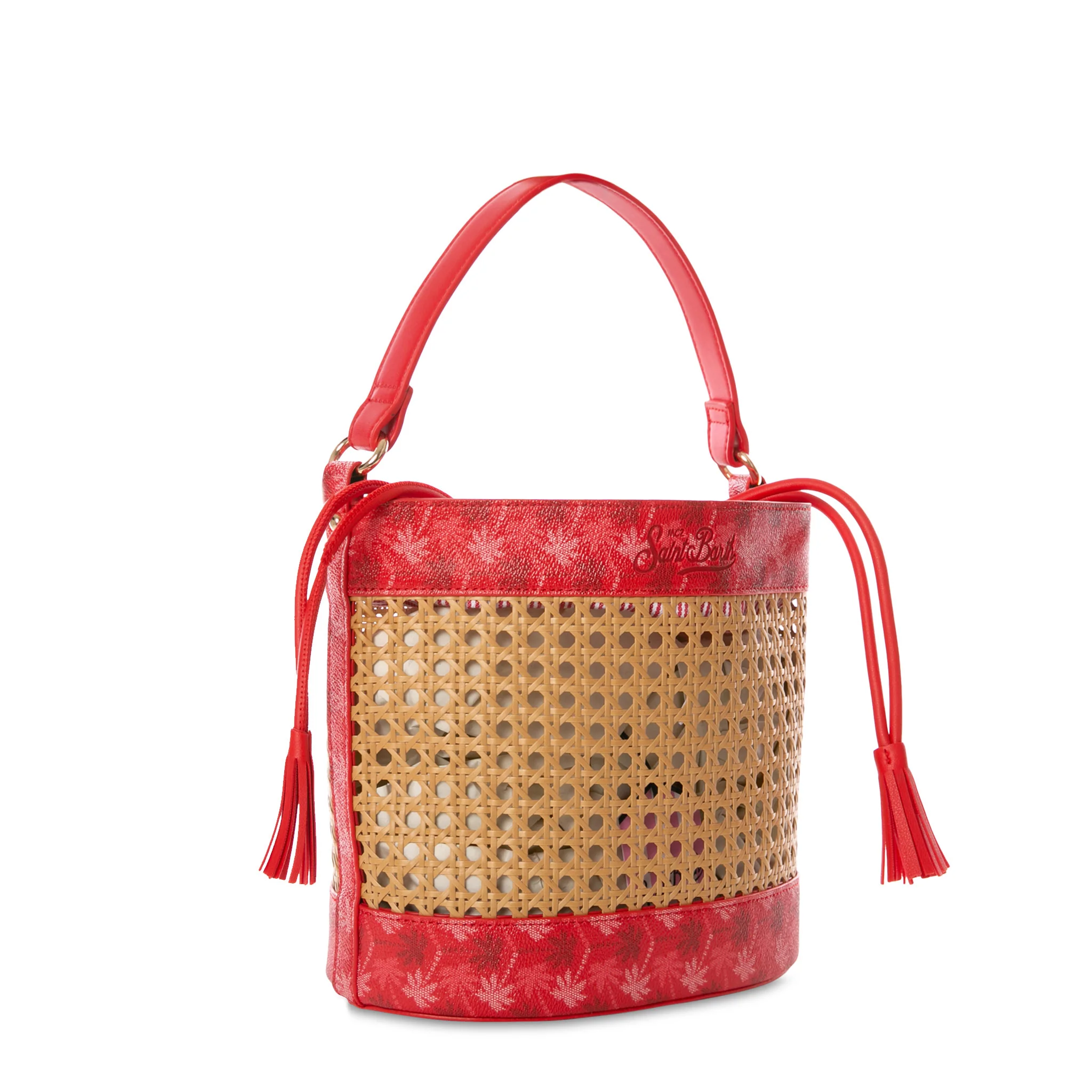 Straw bucket bag with red monogram details - Image 3